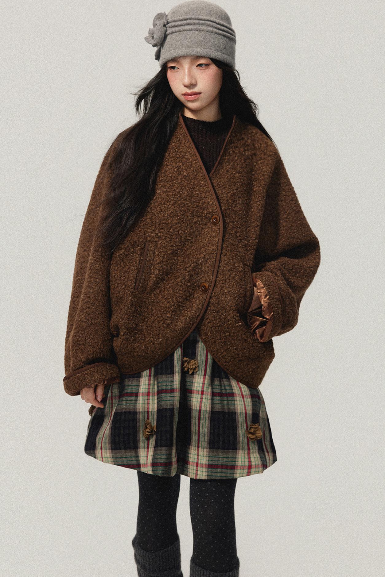 Brown Collarless Lambswool Jacket