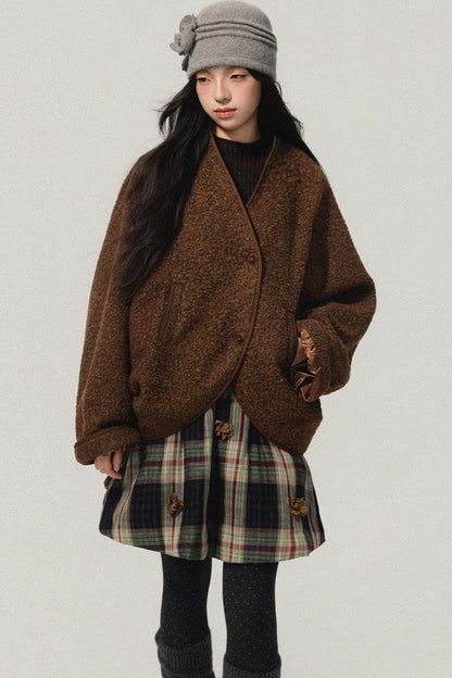 Brown Collarless Lambswool Jacket