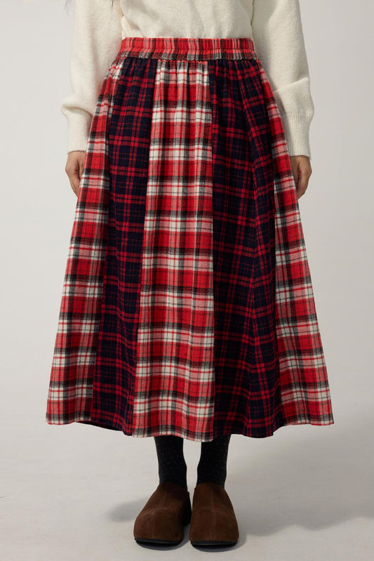 Red Plaid Elastic Waist A-Line Skirt