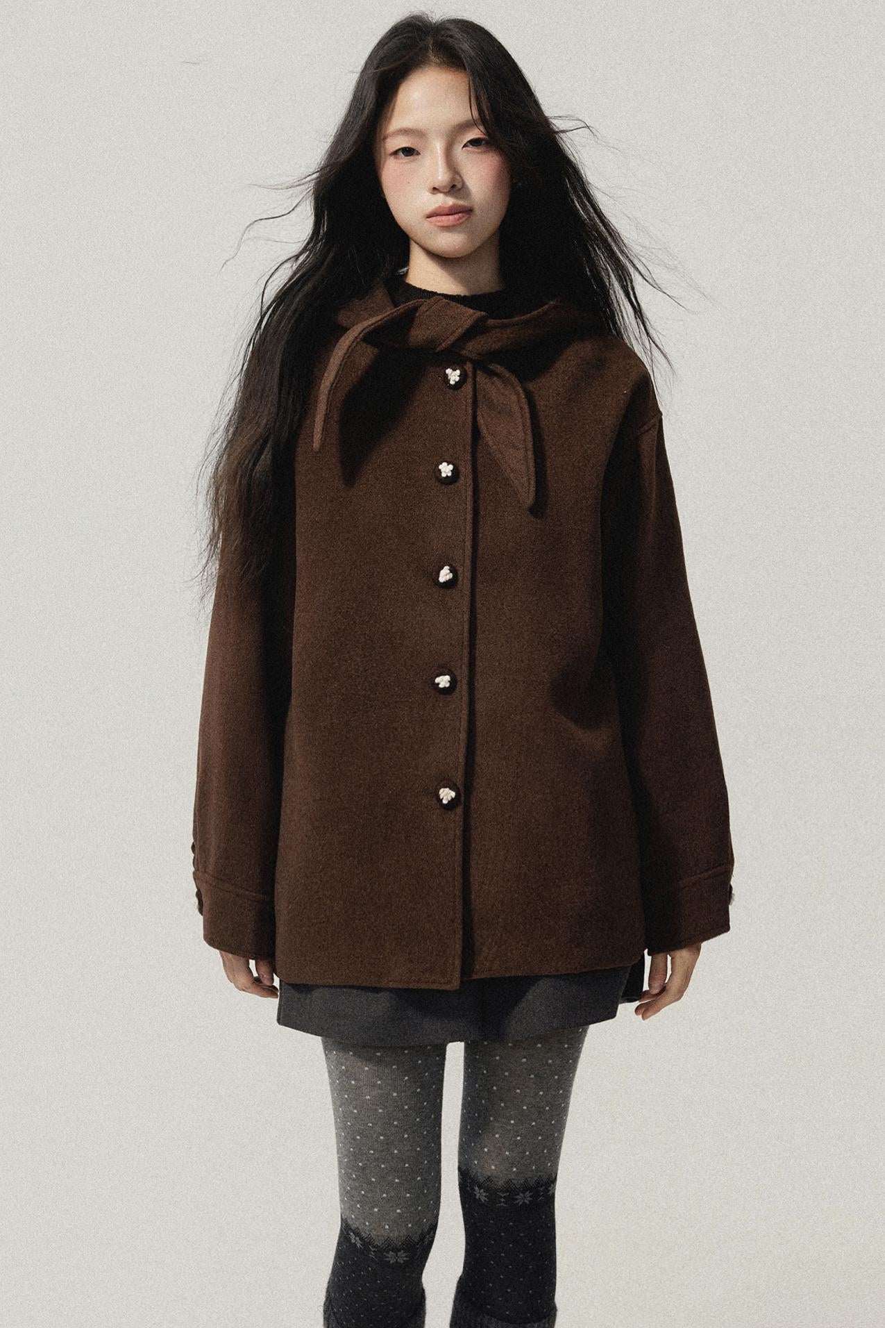 Brown Hooded Bow Tweed Jacket