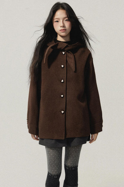 Brown Hooded Bow Tweed Jacket