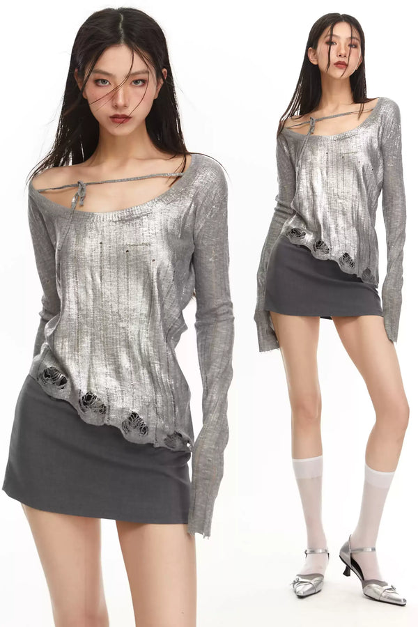 Silver Iron Cutout Strappy Knit Top