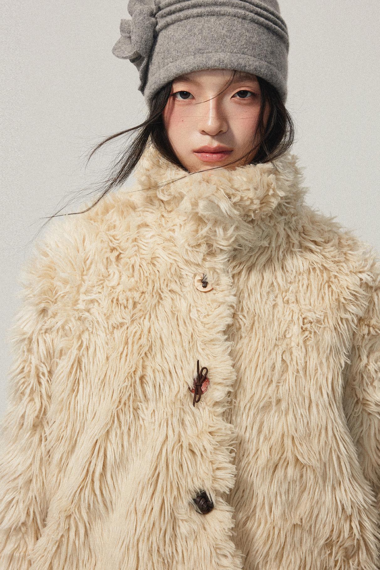 Khaki Wool Fur Collar Slim Coat