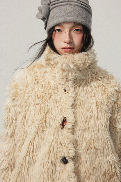 Khaki Wool Fur Collar Slim Coat