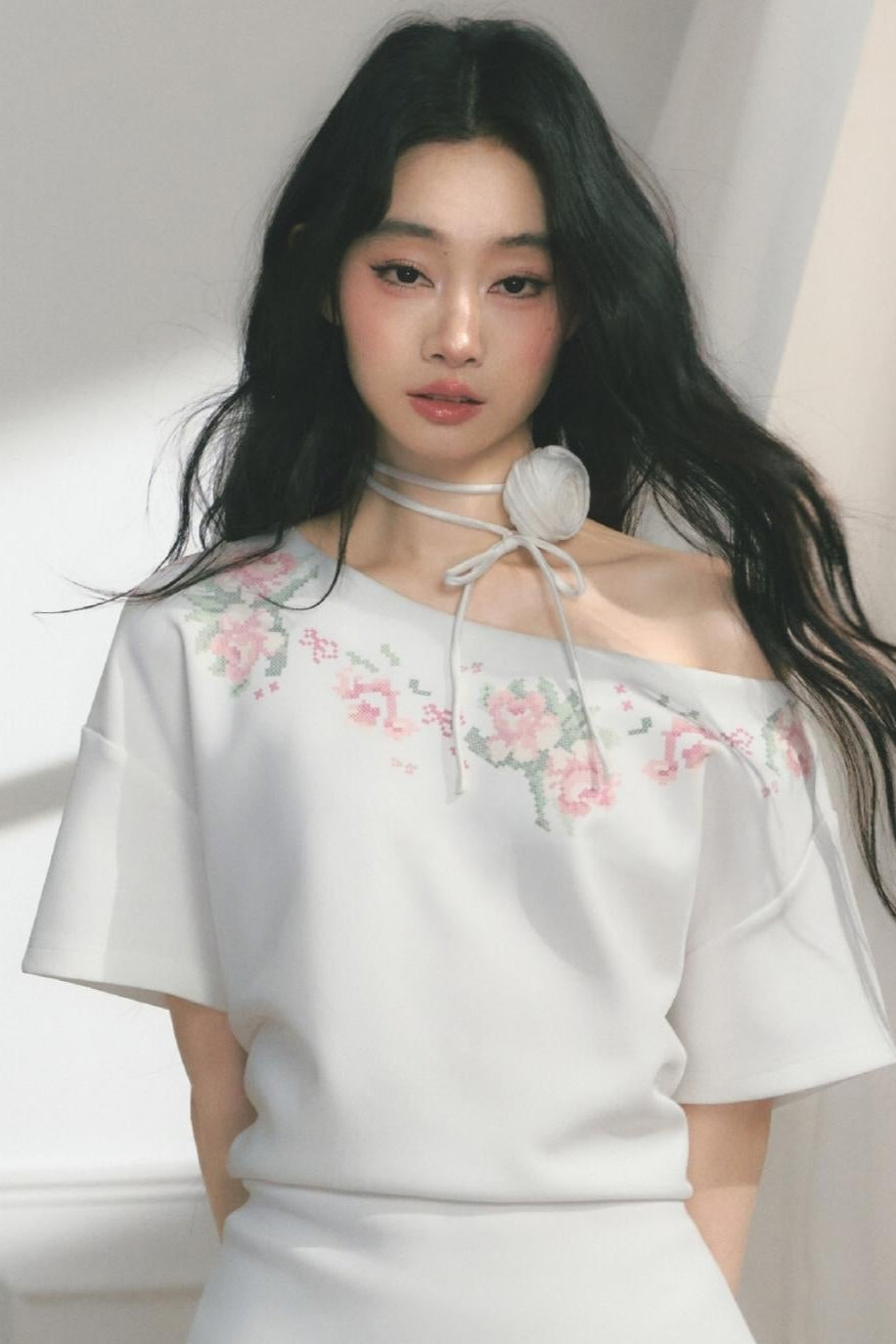 Floral Embroidered Button Top