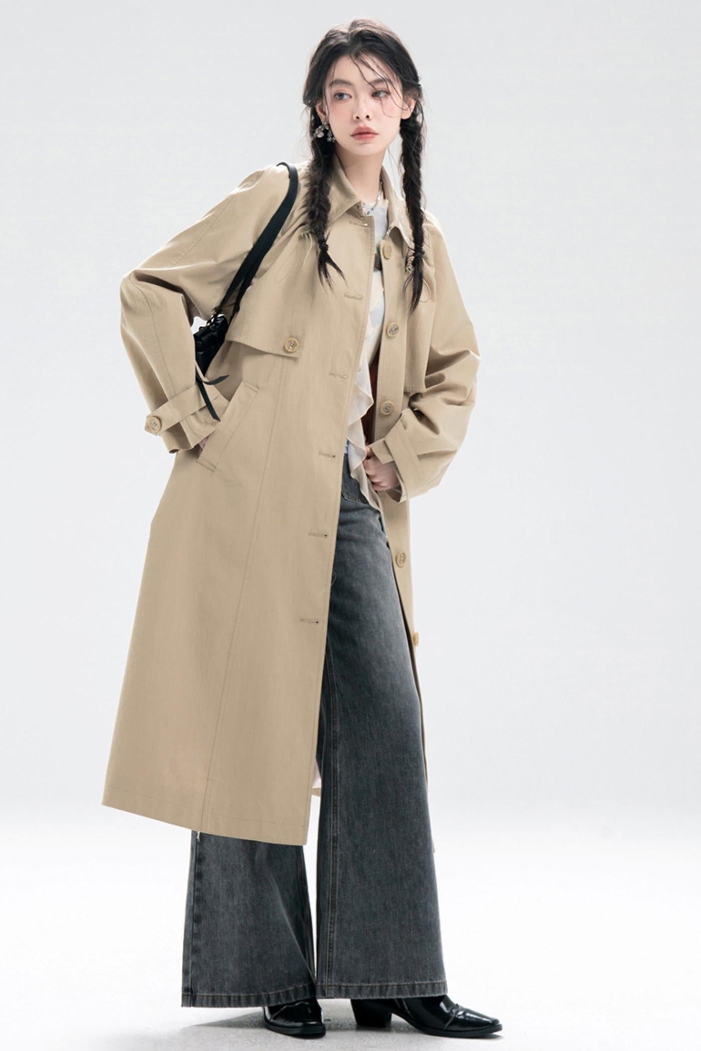 Almond Khaki Drawstring Trench Coat