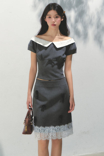 Beaded Princess Sleeve Top Skirt Set-Up