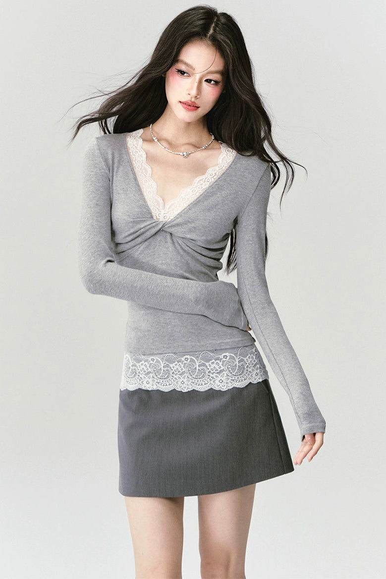 Lace Paneled V-Neck Waist Top