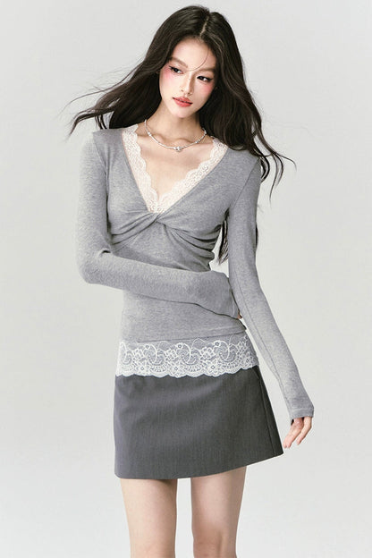 Lace Paneled V-Neck Waist Top