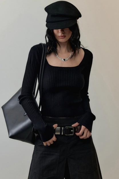 Patchwork Square Collar Knitted Top