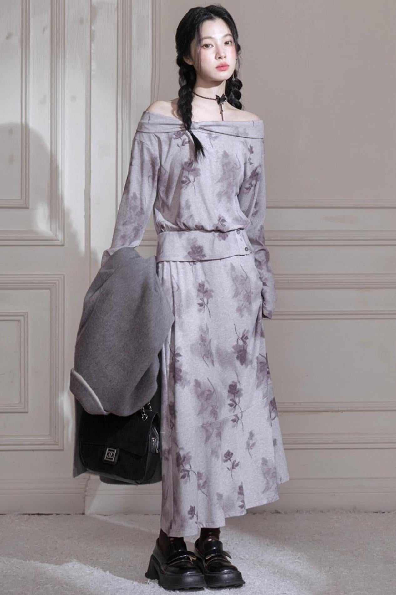 Gray Purple Bow Neck Knit Skirt Set