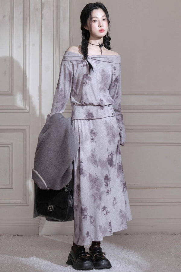 Gray Purple Bow Neck Knit Skirt Set