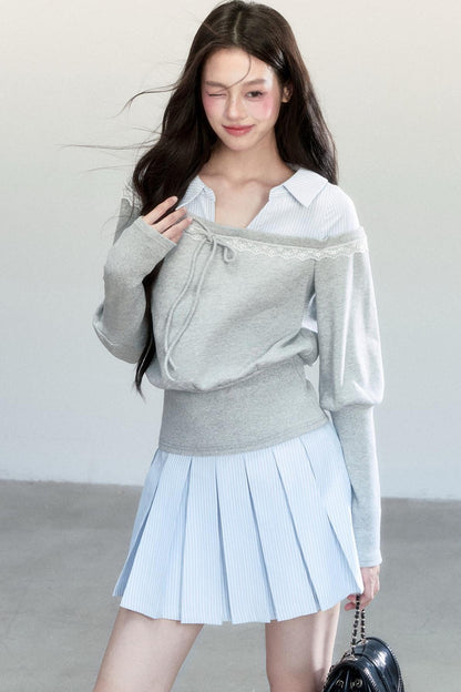 Patchwork Striped Pleated Skirt Set-Up