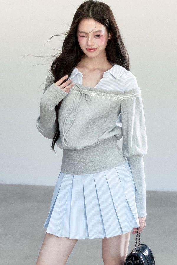 Patchwork Striped Pleated Skirt Set-Up