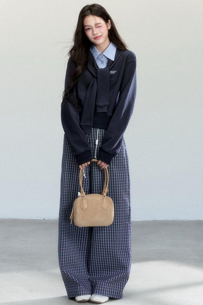 Navy Vine Plaid Wide-Leg Pants