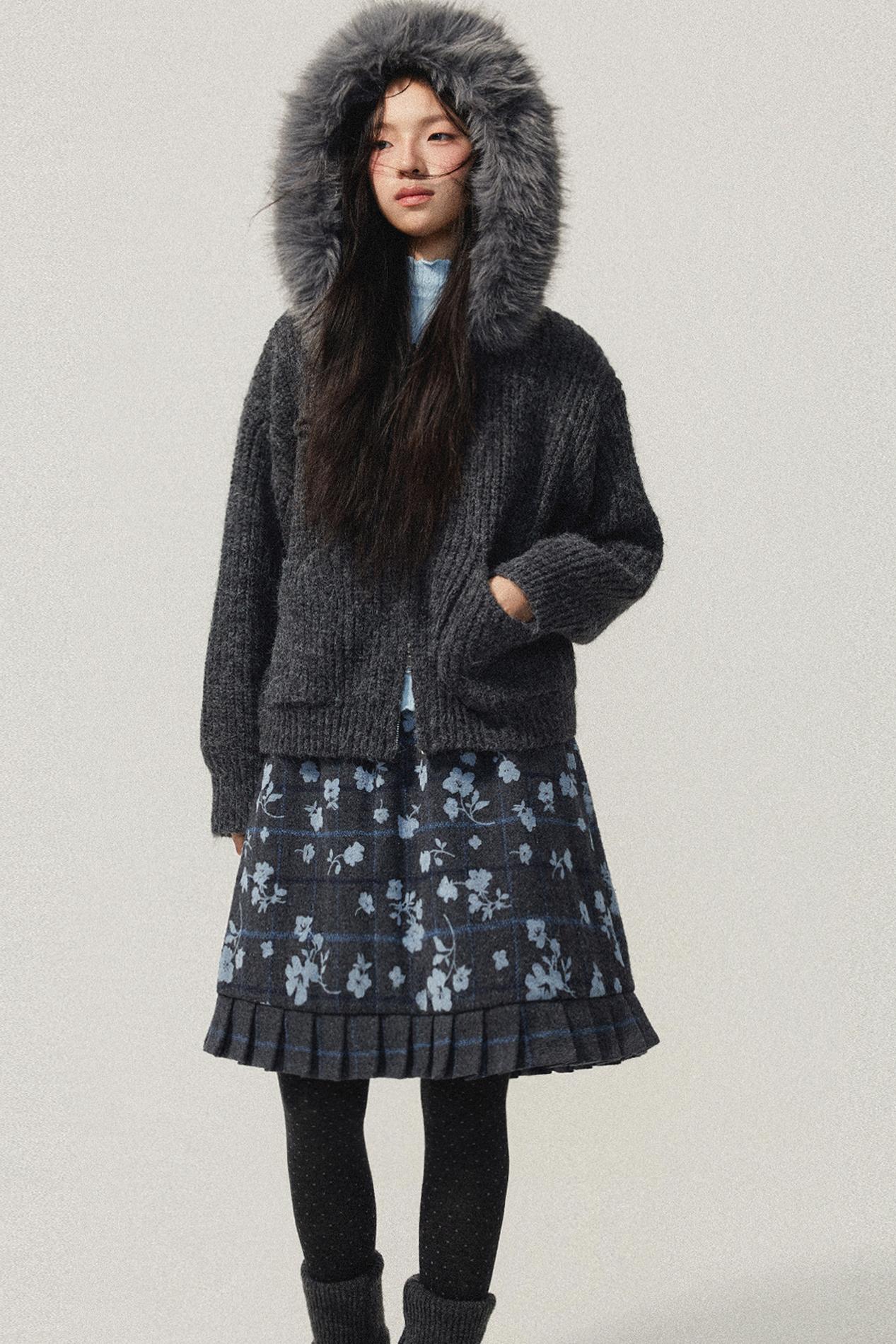 Grey Hooded Floral Zip Up Sweater