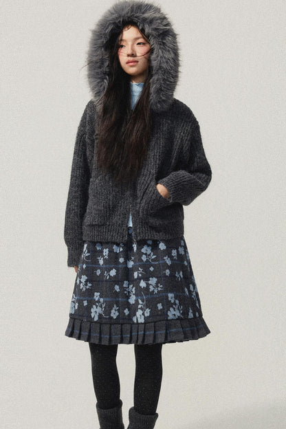 Grey Hooded Floral Zip Up Sweater