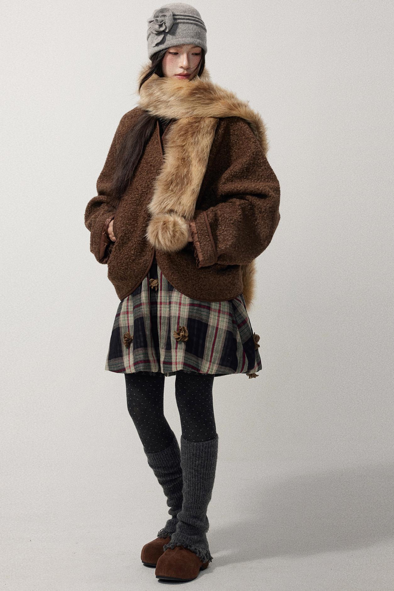 Brown Collarless Lambswool Jacket