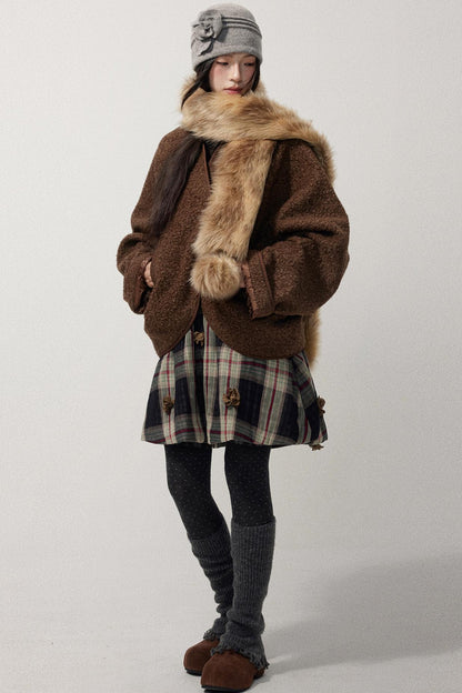 Coffee Red Plaid Cotton Warm Skirt