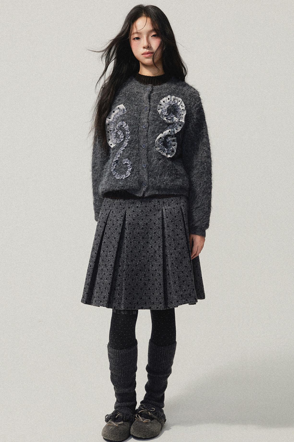 Gray Polka Dot Wool Pleated Skirt