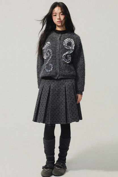 Gray Polka Dot Wool Pleated Skirt