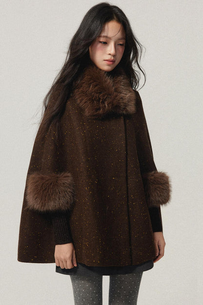 Coffee Wool Cotton Blend Cloak