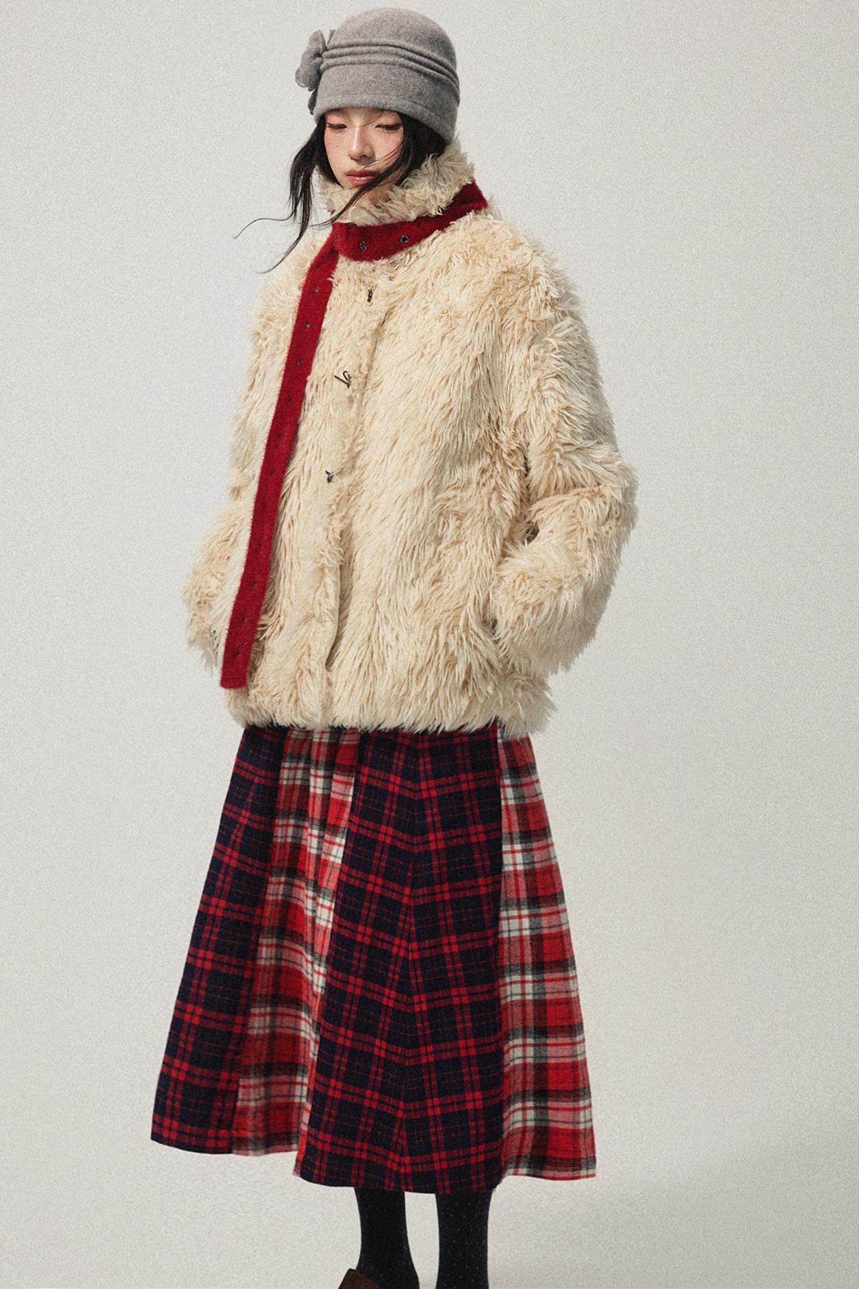 Khaki Wool Fur Collar Slim Coat