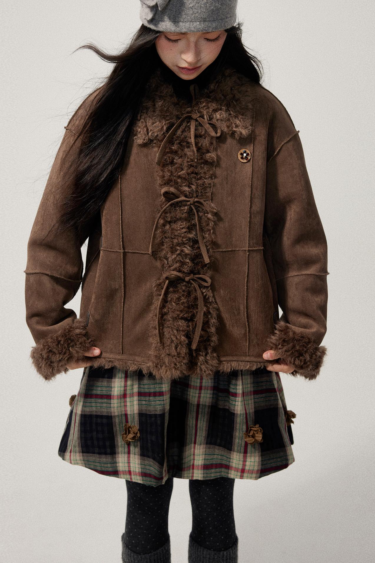 Brown Bow Detail Flower Brooch Coat