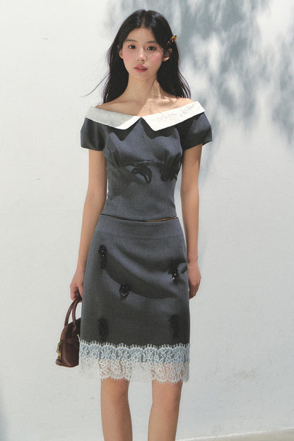 Beaded Princess Sleeve Top Skirt Set-Up