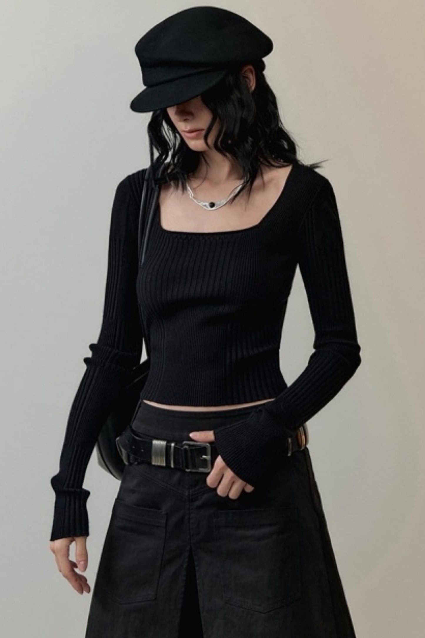 Patchwork Square Collar Knitted Top