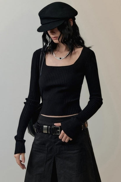 Patchwork Square Collar Knitted Top