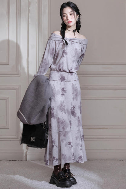 Gray Purple Bow Neck Knit Skirt Set