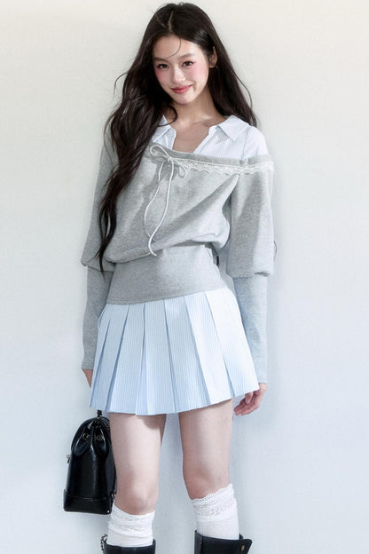 Patchwork Striped Pleated Skirt Set-Up