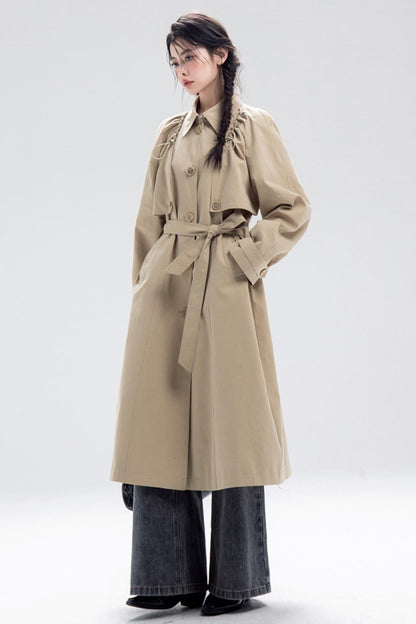 Almond Khaki Drawstring Trench Coat