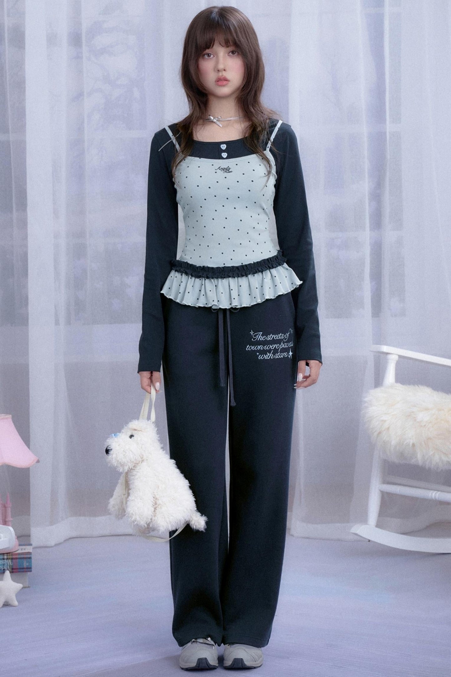 Star Printed Fake Two Piece Top Set-Up