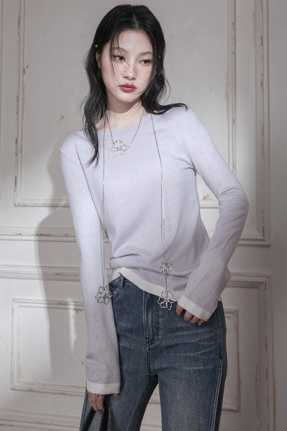 Cream Purple Wool One-Line Collar Top
