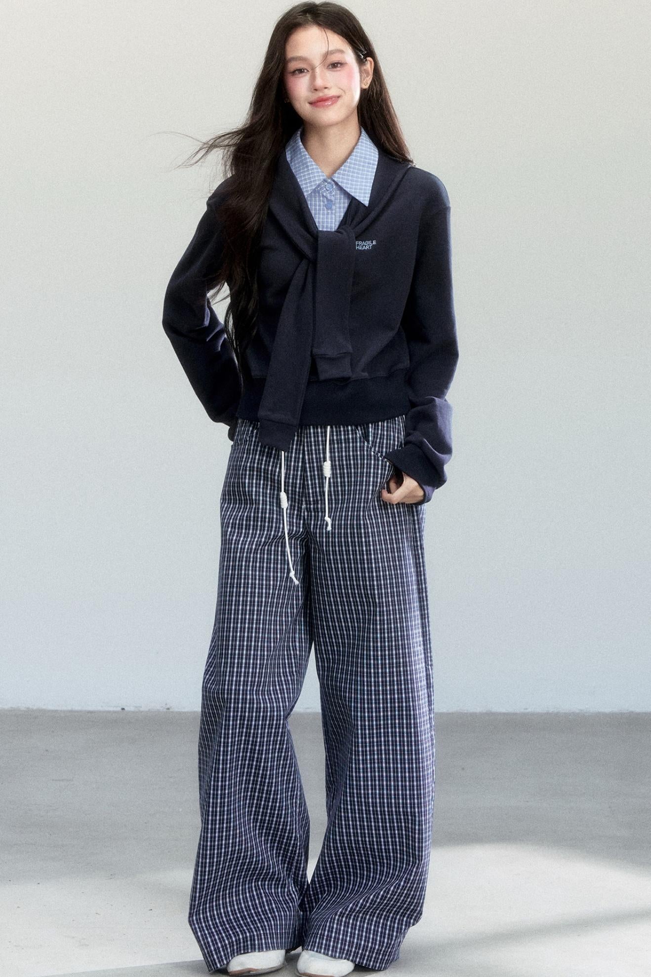 Navy Vine Plaid Wide-Leg Pants