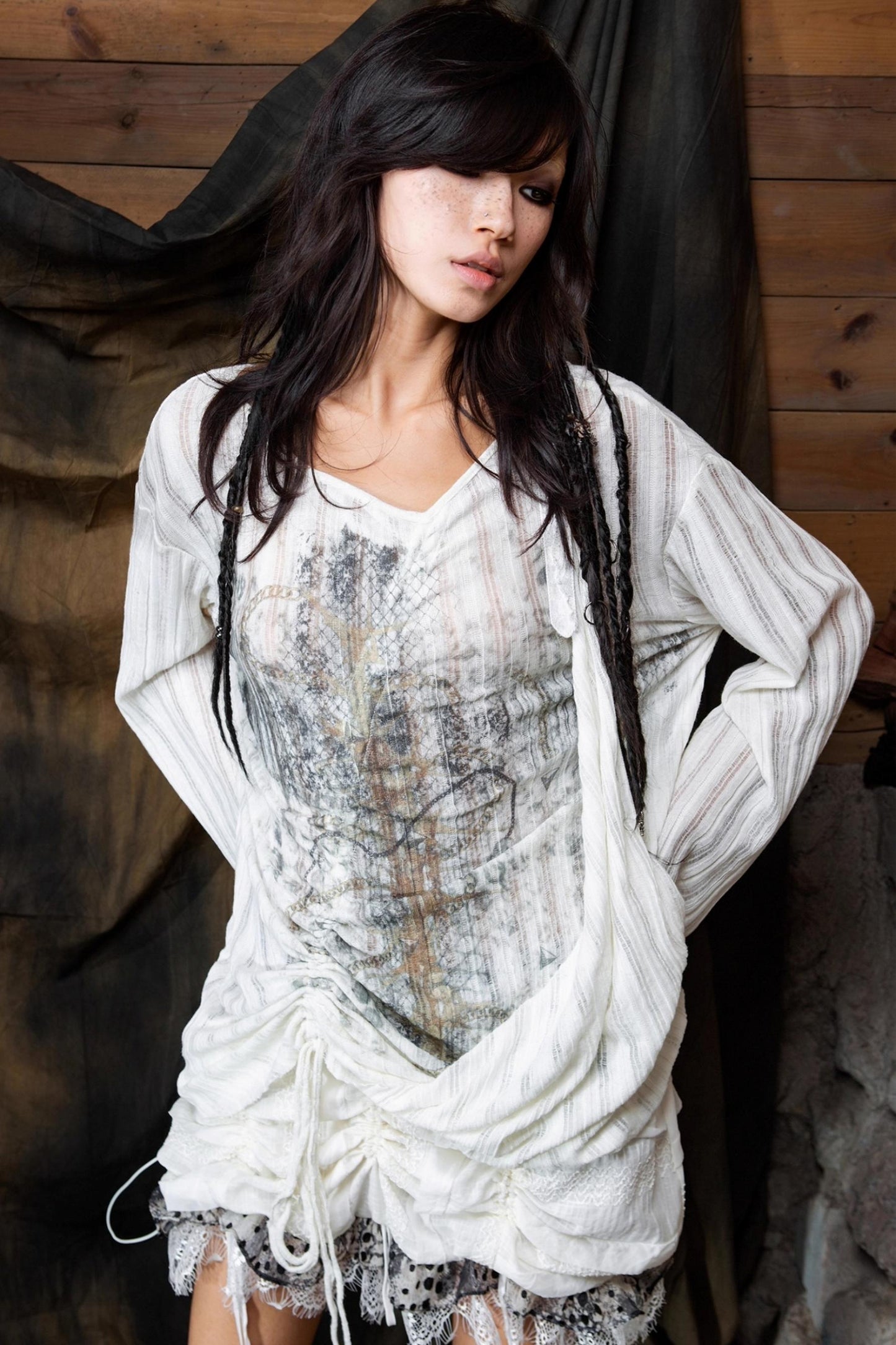 Vintage V-Neck Lace-Up Knitted Print Long Sleeve T-Shirt