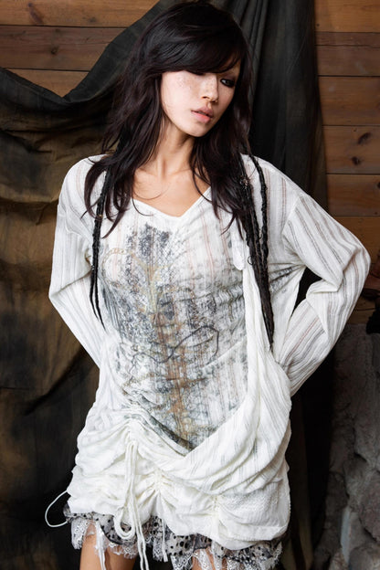 Vintage V-Neck Lace-Up Knitted Print Long Sleeve T-Shirt