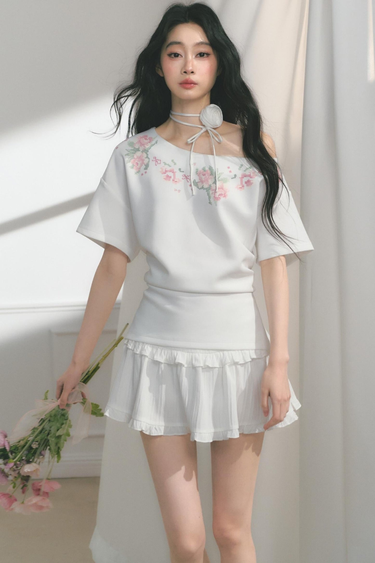 Floral Embroidered Button Top