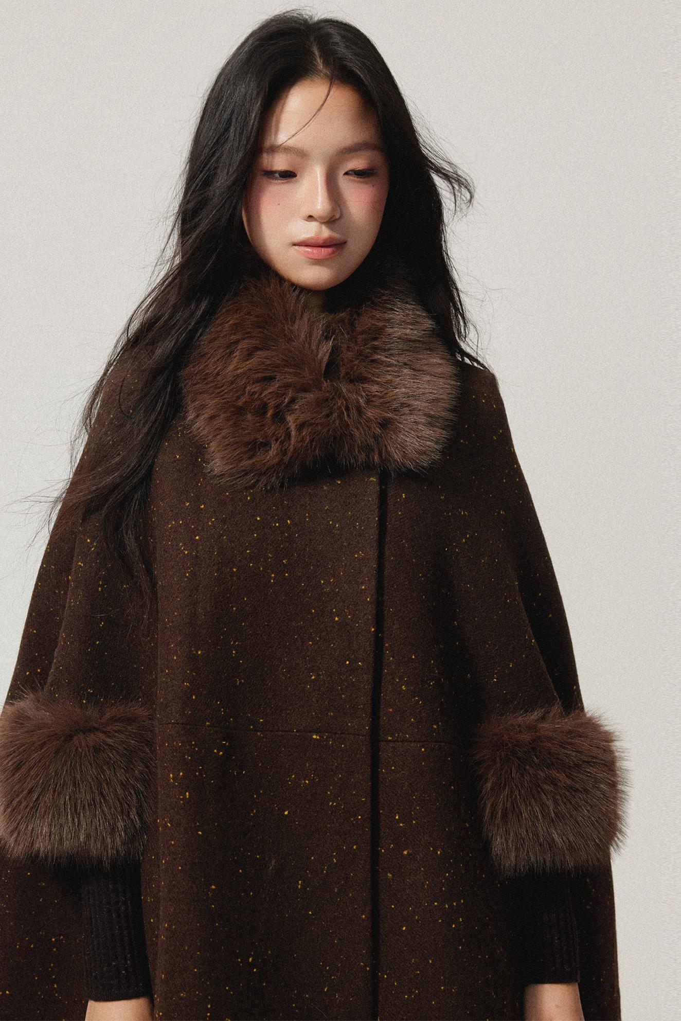 Coffee Wool Cotton Blend Cloak