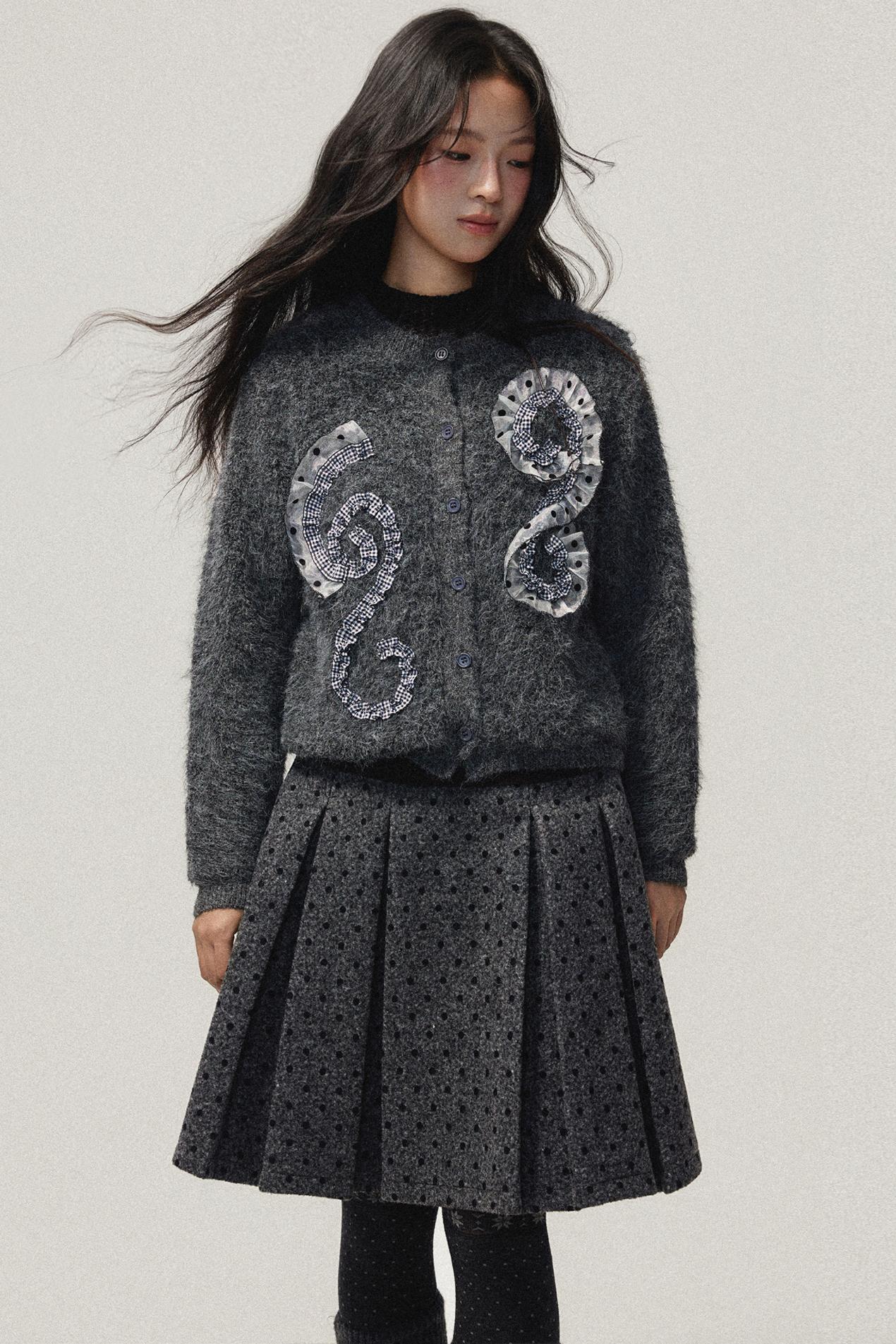 Gray Polka Dot Wool Pleated Skirt