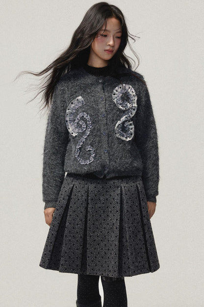 Gray Polka Dot Wool Pleated Skirt