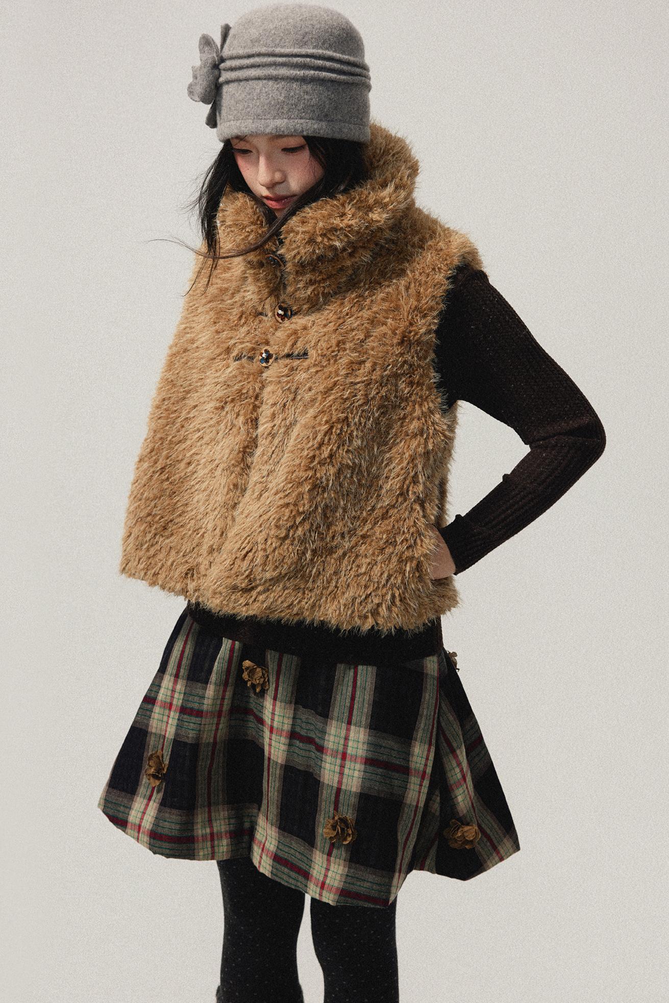 Coffee Red Plaid Cotton Warm Skirt