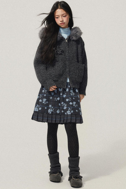 Grey Plaid Flocked Flower Pleated Skirt
