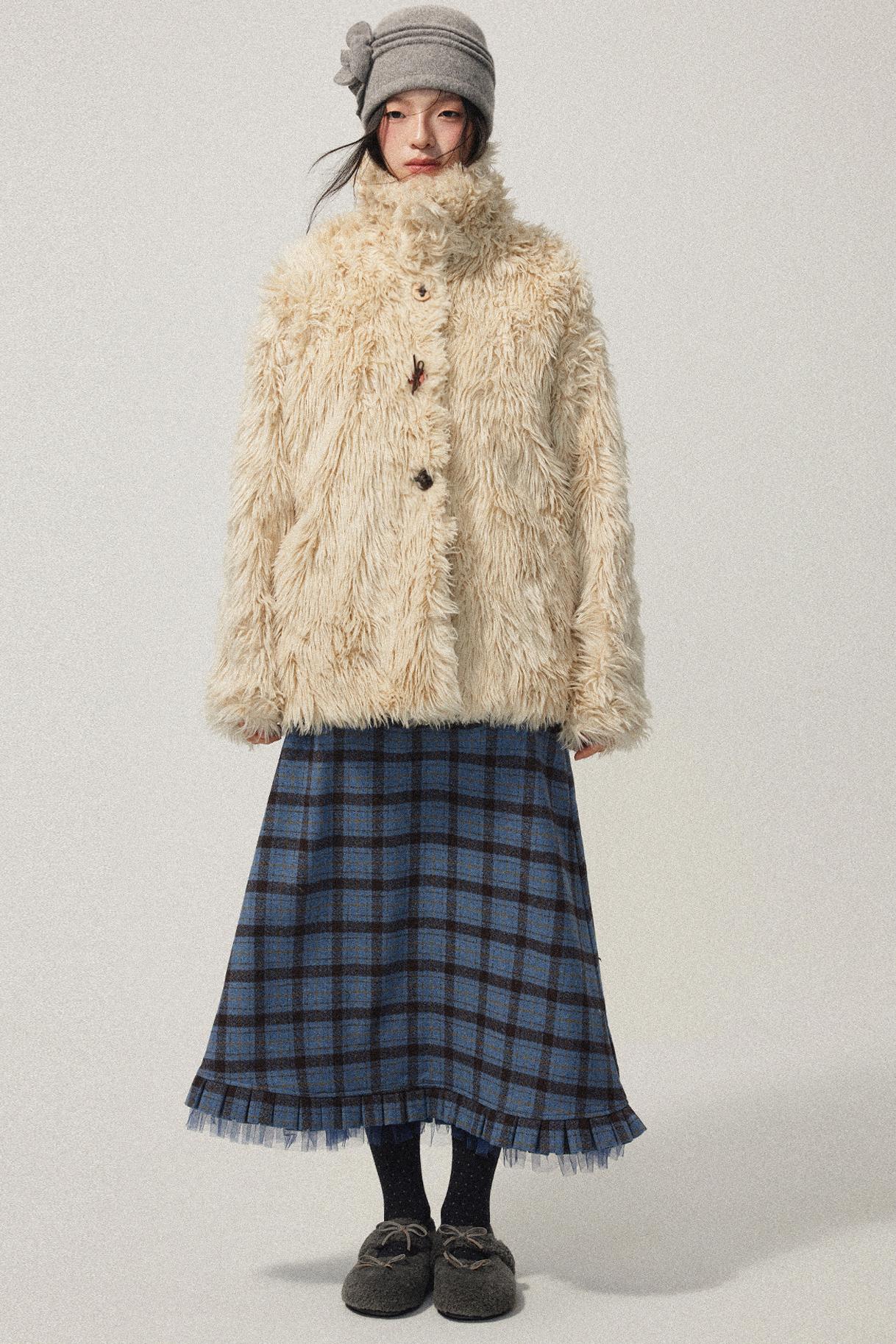 Khaki Wool Fur Collar Slim Coat