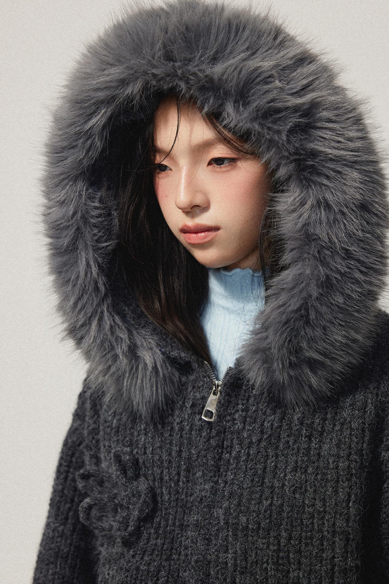 Grey Hooded Floral Zip Up Sweater