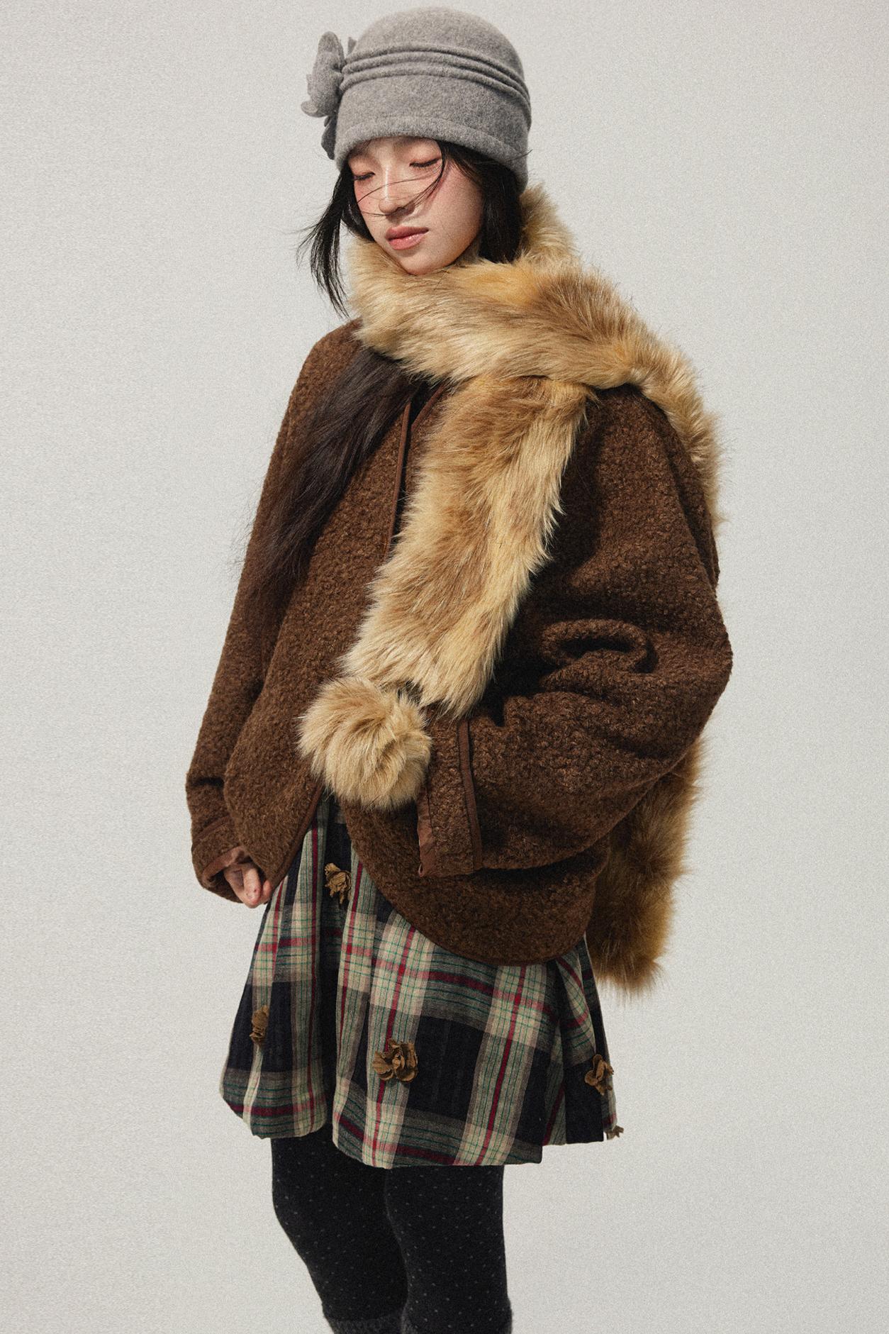 Brown Collarless Lambswool Jacket