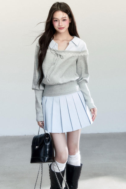 Patchwork Striped Pleated Skirt Set-Up