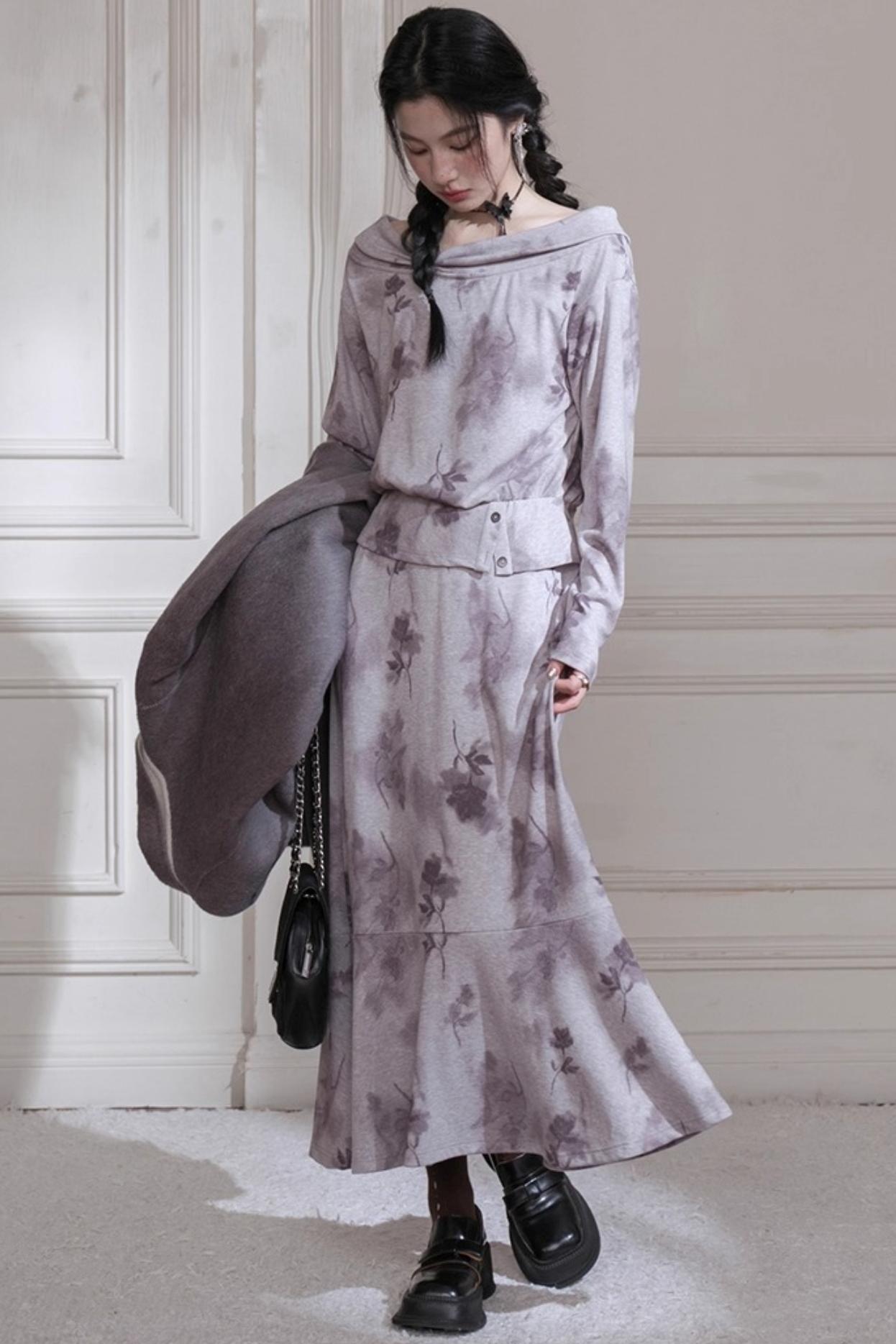 Gray Purple Bow Neck Knit Skirt Set
